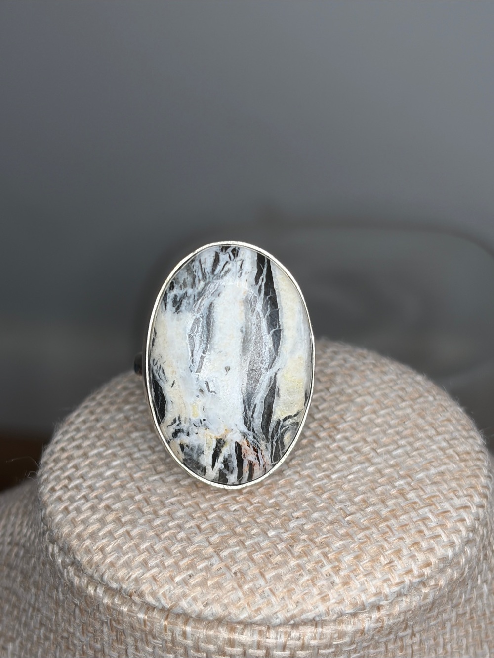 Silvertone Oval Zebra Jasper Statement Ring - Sz 7